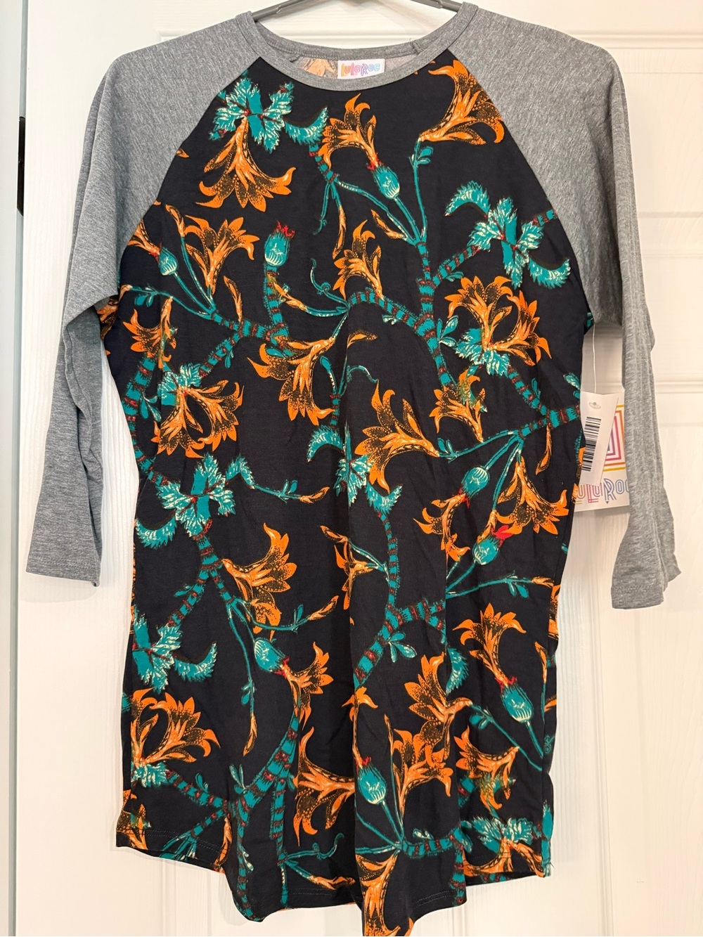 LuLaRoe Randy Floral Raglan Sleeve Shirt- Black with Orange & Teal Floral